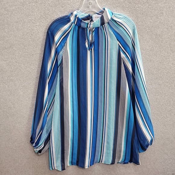 Ashley Stewart Women Top 10/12 Blue Striped Blouse Tunic Balloon Sleeve Pullover - Picture 1 of 7